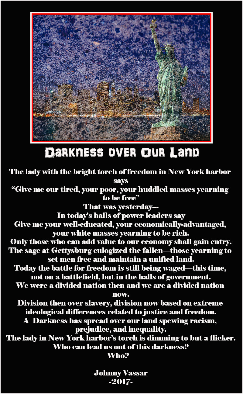 Manhattan at night and Statue of Liberty.